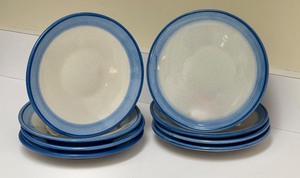 lot 64H image: PTRY - Set of 8 M.A. Hadley 6-Inch Bread Plates with Blue Trim