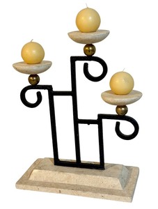 lot 66A image: LLSTR - Geometric Iron and Stone 3-Arm Candle Holder with Candles