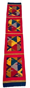 lot 8X image: D - Zapotec Wool Red Runner Rug with School of Fish Design