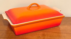 lot 32X image: D - Le Creuset Covered Rectangular Baking Dish Flame Orange