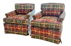 lot 37F image: LR - Pair of Custom Upholstered Rocking Swivel Armchairs