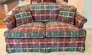 lot 42F image: FR - Custom Upholstered Loveseat with Plaid and Nature Motif