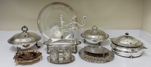 lot 77 image: K - Assorted Vintage Silver Plate Serving Collection with Glass Platter