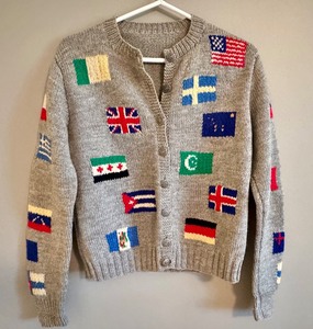 lot 93 image: MBR - Vintage Hand Knit Sweater with International Flag Motif, Small