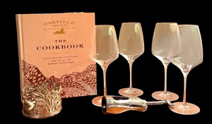 lot 115 image: D - Wine Lover Set Oakville Grocery Cookbook, 4 Wine Glasses, Williams Sonoma Bottle Holder, Corkscrew
