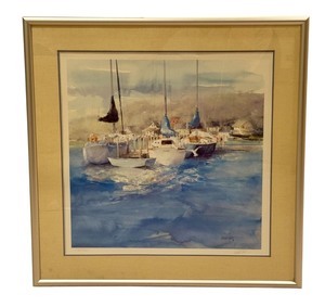 lot 136 image: LL - Framed Watercolor Print of Boats by the Dock Signed and Numbered