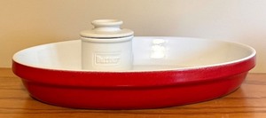 lot 185 image: LL - Butter Bell Crock with Red Oval Stoneware Baker