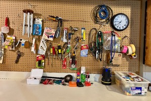 lot 196 image: LL - Workshop Hand Tools and Hardware Collection with Pegboard Assortment