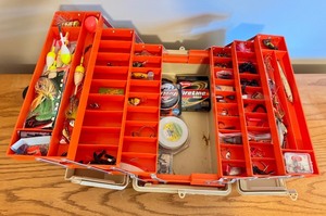 lot 206 image: LL - Adventurer Tackle Box with Vintage Lures, Fishing Line, and Tackle Assortment