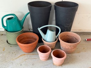 lot 240 image: G - Collection of 8 Assorted Garden Pots and 2 Watering Cans