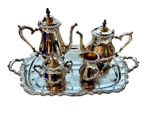 lot 25B image: LL-Vintage Webster Wilcox Oneida Silver Plated Coffee and Tea Set with Tray