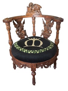 lot 1 image: LR - Antique Carved Wood Corner Chair with Winged Lion Detail and Embroidered Seat
