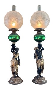 lot 2 image: LR - Pair of Antique Blackamoor Figural Lamps with Green Glass Globe Accents