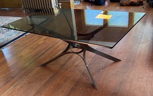 lot 11 image: LR - Sculptural Chrome and Glass Coffee Table by Roger Sprunger for Dunbar