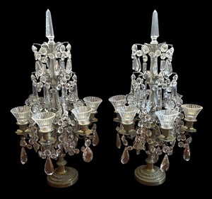 lot 54R image: LE - Pair of Vintage Crystal Candelabras with Dangling Prisms