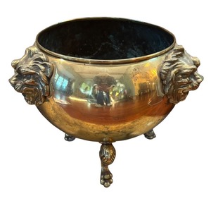 lot 63R image: LR - Vintage Brass Planter with Lion Head Accents