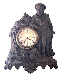 lot 67R image: LR - Antique Cast Metal Mantle Clock with Nautical Sailor Figure
