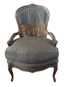 lot 98R image: LR - Vintage Upholstered Accent Chair with Cane Back and Carved Wood Frame
