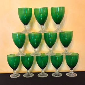 lot 133R image: LR - Set of 12 Vintage Anchor Hocking Bubble Foot Green Stemmed Goblets