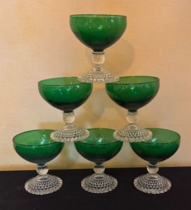 lot 134R image: LR - Set of 6 Anchor Hocking Green Bubble Foot Champagne Stemware  Fruit Dishes