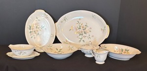 lot 138R image: LR - Apple Blossom by Sango Serving Set with Platters, Bowls, Gravy Boat and More
