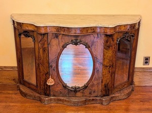 lot 3 image: ML - Antique English Marble Top Mirrored Sideboard with Burl Wood Veneer