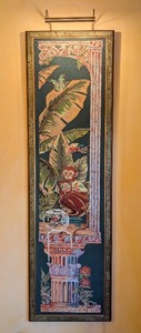 lot 22 image: ML - Large Framed Needlepoint Art with Monkey, Butterfly, and Fish Bowl