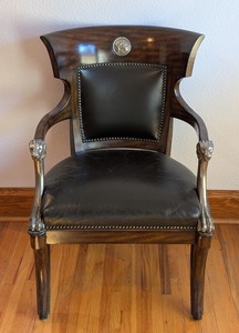 lot 33 image: UL - Vintage Armchair with Lion Head Armrests and Unique Tiger Patch Back