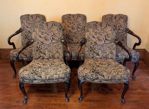 lot 45 image: ML - Set of 6 Vintage Upholstered Armchairs with Carved Wood Frames