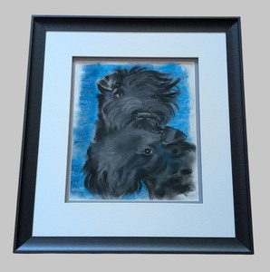 lot 125A image: UL - Framed Watercolor Painting of Kerry Blue Terriers