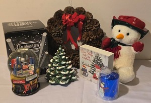 lot 255K image: LL - Holiday Decor Collection with Broadway Cares 2001 Snow Globe, Ceramic Tree, and Snowman