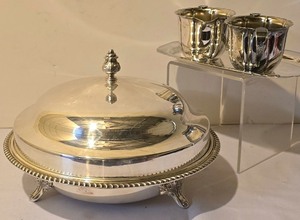 lot 266K image: LL - Rogers Silver Plate Covered Serving Dish with Footed Base and Sugar Bowl, Creamer, and Tray Set