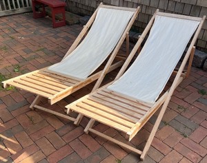 lot 168N image: Pair of Wooden Outdoor Folding Sling Lounge Chairs