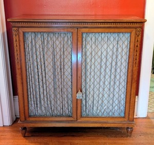 lot 28 image: ML - Vintage Inlaid Wood Cabinet with Fabric Door Panels and Shelves