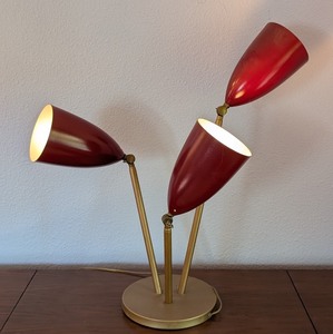 lot 39 image: UL - Mid-Century Modern Triple Arm Brass and Red Table Lamp