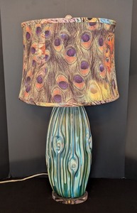 lot 73 image: ML - Ceramic Table Lamp with Blue Woodgrain Texture and Peacock Feather Shade