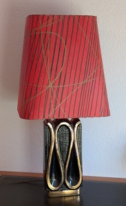 lot 98A image: UL - Mid Century Modern Table Lamp with Red Shade and Black Gold Ceramic Base