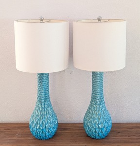 lot 112 image: UL - Pair of Tall Teal Ceramic Table Lamps with Shades