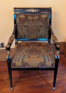 lot 121 image: ML - Decorative Wooden Empire Style Armchair with Peacock Pattern Upholstery and Ornate Accents