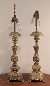 lot 191 image: LL - Pair of Ornate Vintage Table Lamps 38 Inch Tall with Detailed Brass Bases
