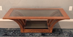 lot 202 image: LL - Vintage Glass Top Coffee Table with Wood Base and Shelf
