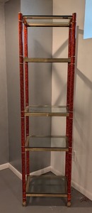 lot 203 image: LL - Tall Red and Brass Glass Shelf Unit with 5 Shelves, 74 Inch Height