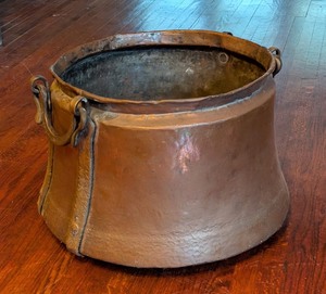 lot 223 image: ML - Antique Hand-Forged Copper Cauldron with Iron Handles