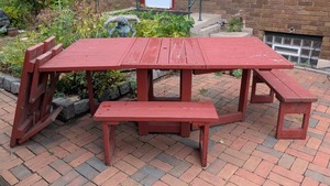 lot 238 image: BY - Red Painted Wood Patio Table with Benches and Side Panels