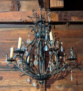 lot 250A image: G - Vintage Wrought Iron Chandelier with Crystal Prisms