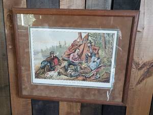 lot 18 image: Awesome Litho Currier & Ives Camping in the Woods Framed artwork