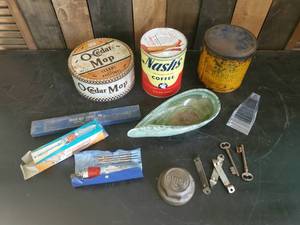 lot 22 image: Misc Lot of Vintage Coffee Cans, Bottle Openers, Skeleton Keys and Much more