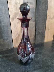 lot 31 image: Gorgeous Deep Red Etched Glass WineLiquor Czech Decanter 