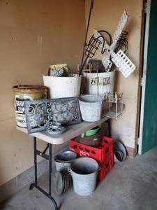 lot 53 image: Large Lot of Garden Dcor Metal Pails Metal Plant Stand Windmill Blades and much much more