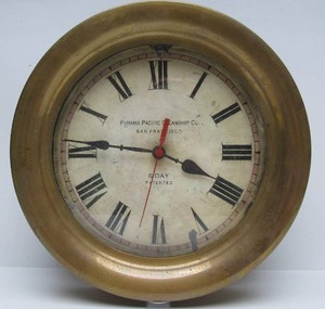 lot 11 image: Great Looking Working Large Antique Style Brass Steamship Wall Clock by Time Works
